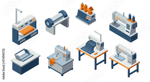 Isometric factory machines set: industrial equipment models for manufacturing