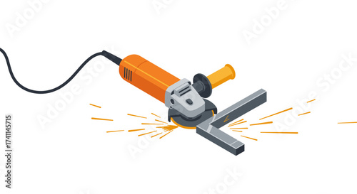 Isometric angle grinder cutting metal with sparks flying