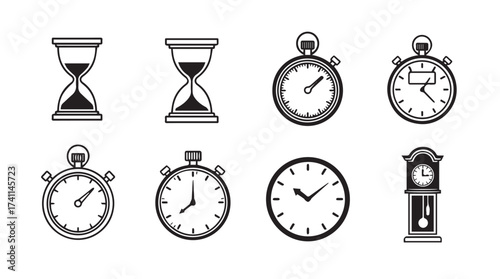 Vintage timepieces collection hourglass clocks stopwatch grandfather clock icons vector