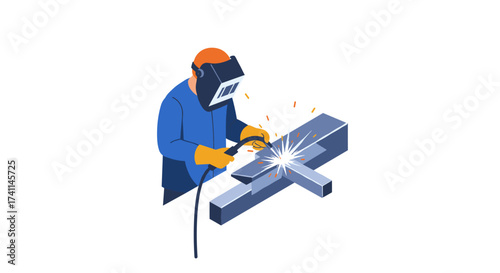 Welder at work: detailed illustration of welding process with sparks