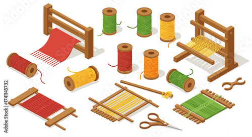 Isometric yarn weaving tools and equipment on white background