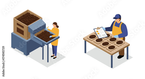 Isometric factory workers processing and inspecting chocolate production