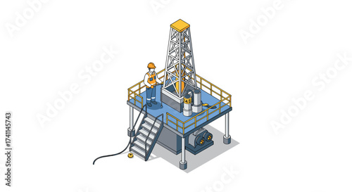 Isometric offshore oil rig with worker in safety gear on platform