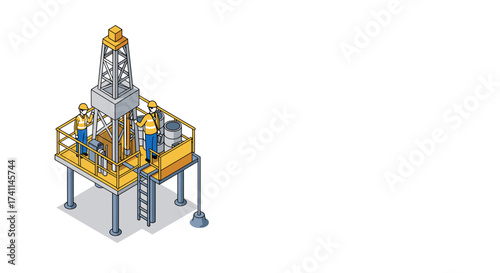 Isometric oil rig platform with workers in protective gear on a white background