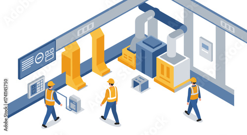Efficient industry production process with workers in modern isometric factory setting
