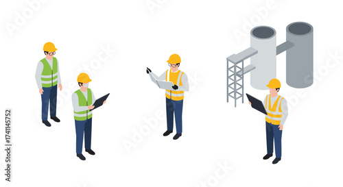 Isometric construction workers analyzing industrial site plans with factory structures
