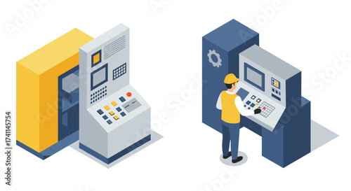 Isometric industrial automation: technicians operating machinery control panels