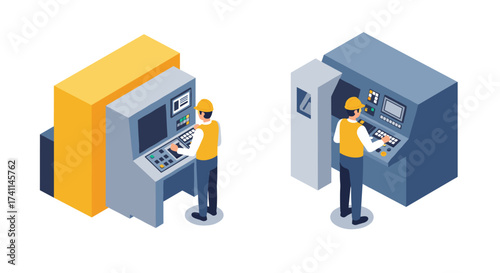 Isometric factory control panels with workers in safety gear