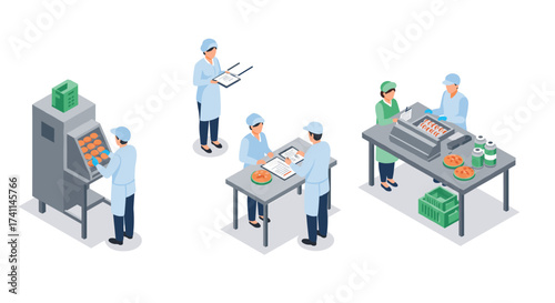 Isometric bakery production scene with workers and machinery in action