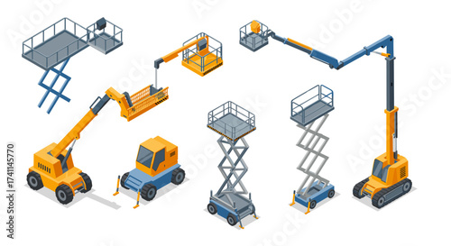 Isometric construction equipment with elevated work platforms and cranes