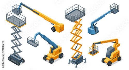 Collection of isometric boom lifts and scissor lifts in various positions