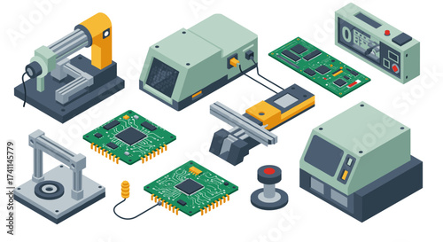 Retro technology icons in isometric style featuring vintage computers and circuitry