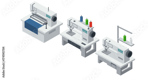 Isometric sewing machines with industrial design for fashion and textile production