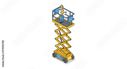 Construction worker on scissor lift with safety gear in isometric style