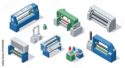 Isometric industrial printing machines set for manufacturing design