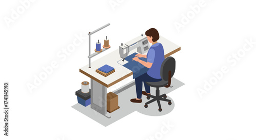 Isometric seamstress at work with sewing machine in modern studio
