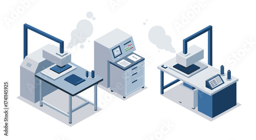 Isometric factory equipment set with industrial machines and robotics
