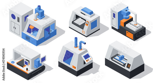 Isometric industrial machines set with modern geometric design elements