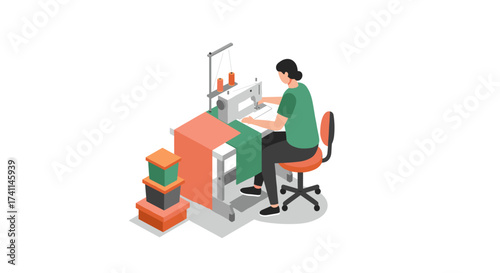 Seamstress at work: isometric design of tailor sewing in workshop with fabric