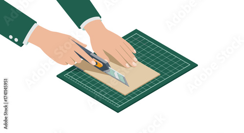 Hands cutting cardboard on cutting mat with utility knife in isometric style