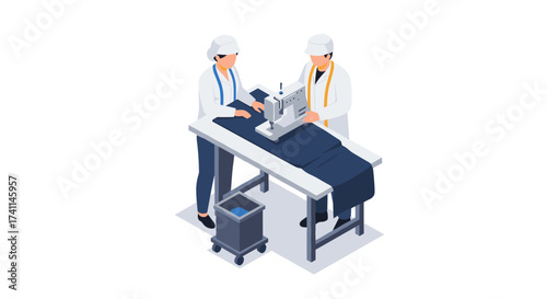 Isometric tailor workshop scene with two designers sewing on fabric