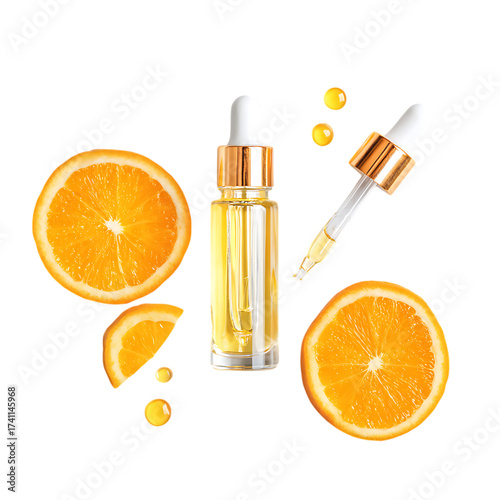 Orange vitamin c serum bottle with slices isolated on transparent background