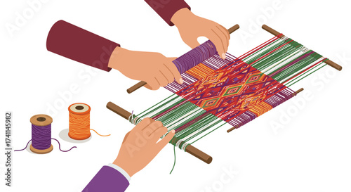 Traditional textile weaving with colorful threads in isometric style