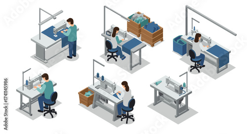 Isometric sewing workshop with seamstresses and equipment