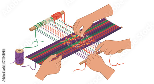 Hands crafting colorful textile on loom with threads and wooden tools in artistic style