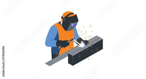 Skilled welder in protective gear working with metal beam in isometric style
