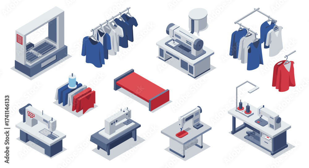 Obraz premium Isometric clothing and sewing equipment in a modern factory setting