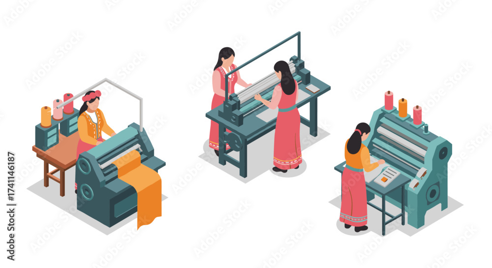 Fototapeta premium Isometric textile industry: women working with machines in traditional dress