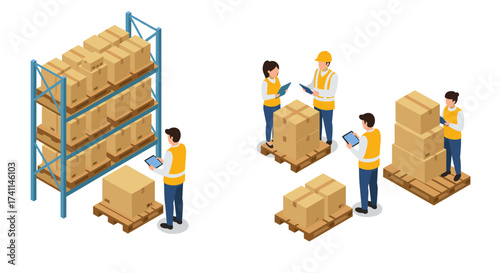 Warehouse team managing inventory with technology and teamwork