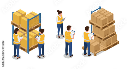 Isometric warehouse workers managing inventory with technology