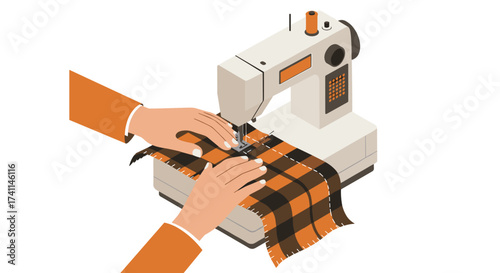 Sewing machine in action with hands working on fabric in isometric design