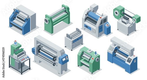 Isometric industrial machinery set with modern printing equipment and manufacturing machines