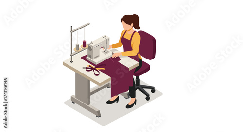 Seamstress working at sewing machine in isometric style