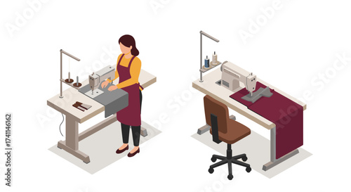 Seamstress working with sewing machines in isometric design