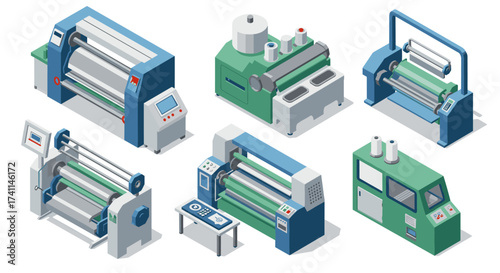 Isometric industrial printing machines set with control panels and rollers in various designs