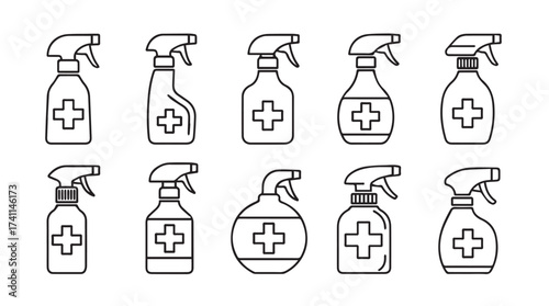 Collection of hand-drawn cleaning spray bottles with medical cross icons for hygiene and disinfection vector
