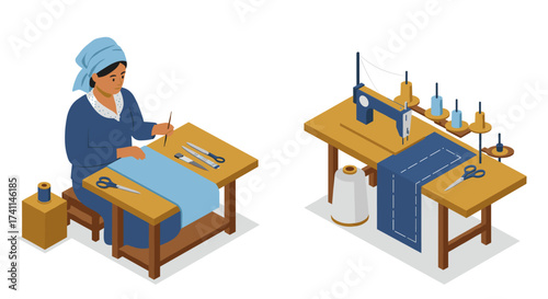 Isometric seamstress at work with sewing tools and sewing machine