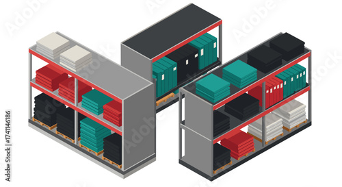Isometric warehouse shelves with files and documents in organized storage