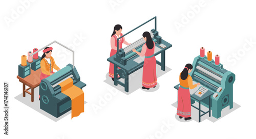 Isometric textile industry: women working with machines in traditional dress
