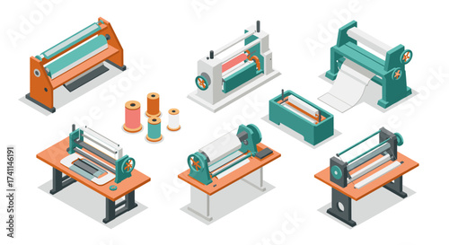 Industrial fabric cutting machines in isometric style