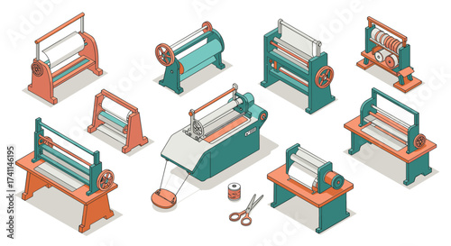 Vintage paper processing equipment collection in isometric style with retro design elements
