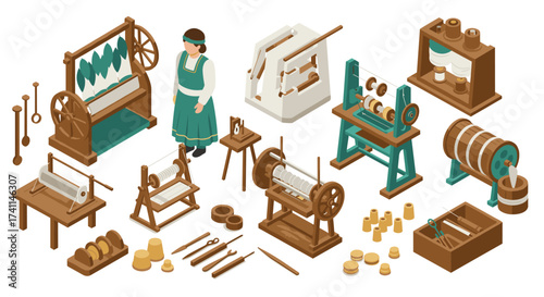 Traditional weaving tools and equipment in isometric style
