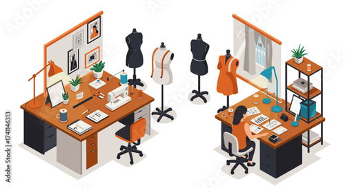 Fashion design studio workspace with sewing equipment and mannequins in isometric style