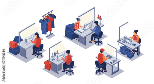 Isometric tailoring workshop with workers using sewing machines
