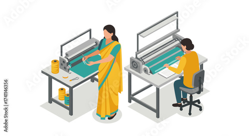 Isometric textile industry: workers in traditional and modern garments using machines