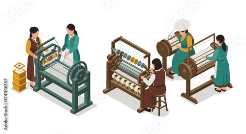 Isometric textile workshop scene with traditional weaving machines and artisans